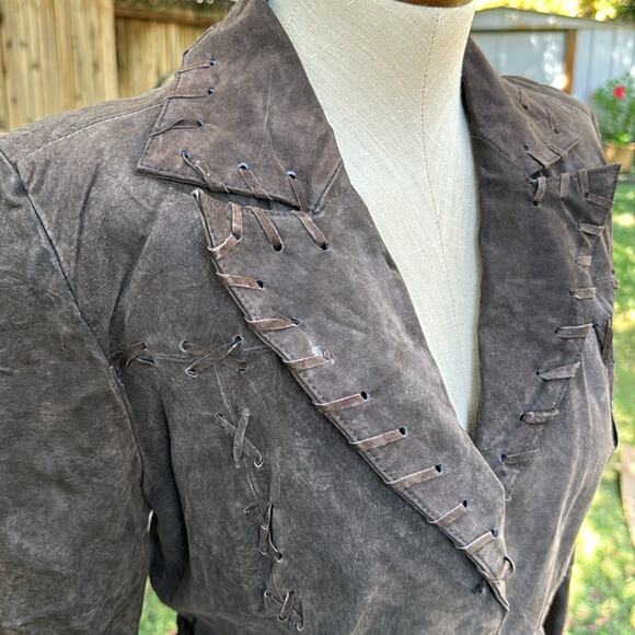 Vtg Y2K Marcelle Renee Brown Suede Leather Whipstitch Trench Coat Women's Small - Picture 2 of 16